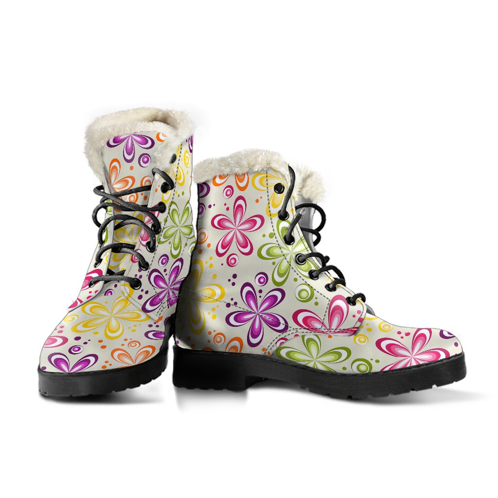 Flower Power Colorful Design Print Faux Fur Leather Boots-JTAMIGO.COM