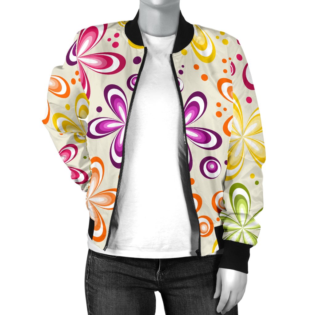 Flower Power Colorful Design Print Women Casual Bomber Jacket