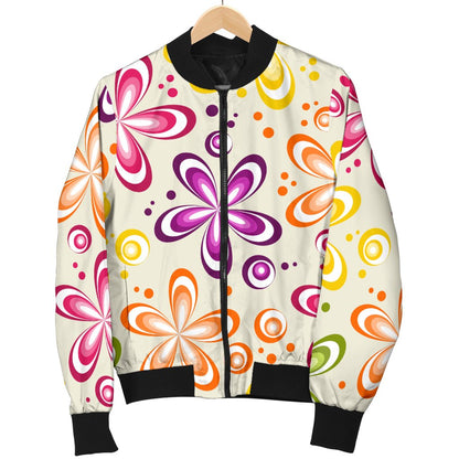 Flower Power Colorful Design Print Women Casual Bomber Jacket