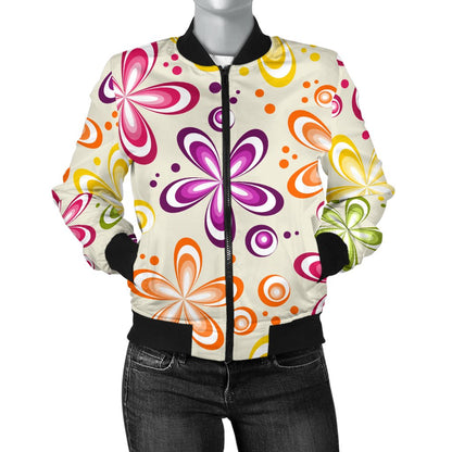 Flower Power Colorful Design Print Women Casual Bomber Jacket