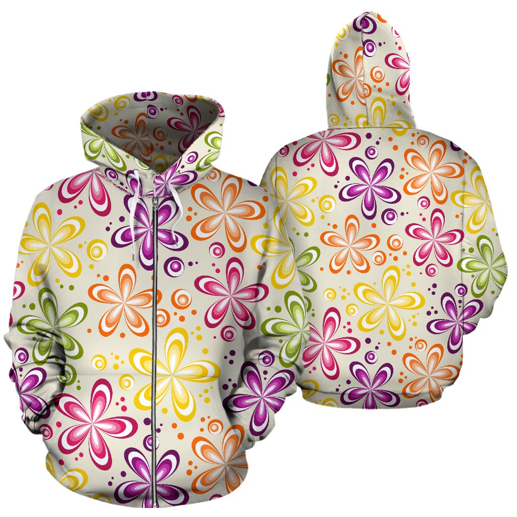 Flower Power Colorful Design Print Zip Up Hoodie
