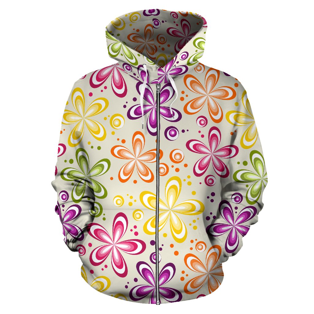 Flower Power Colorful Design Print Zip Up Hoodie