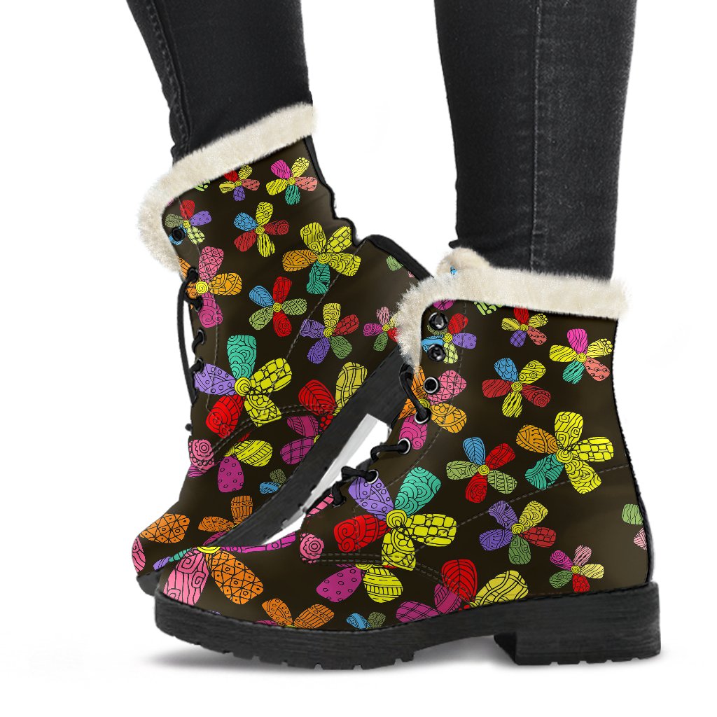 Flower Power Colorful Print Pattern Faux Fur Leather Boots-JTAMIGO.COM