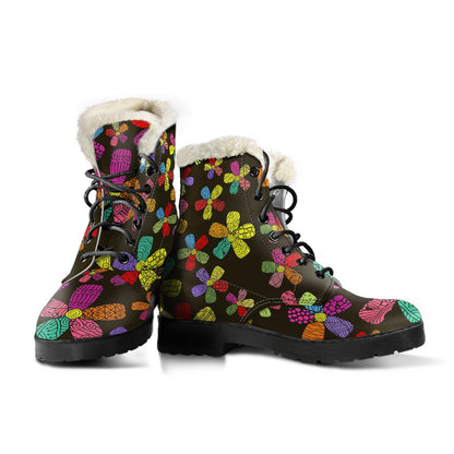 Flower Power Colorful Print Pattern Faux Fur Leather Boots-JTAMIGO.COM