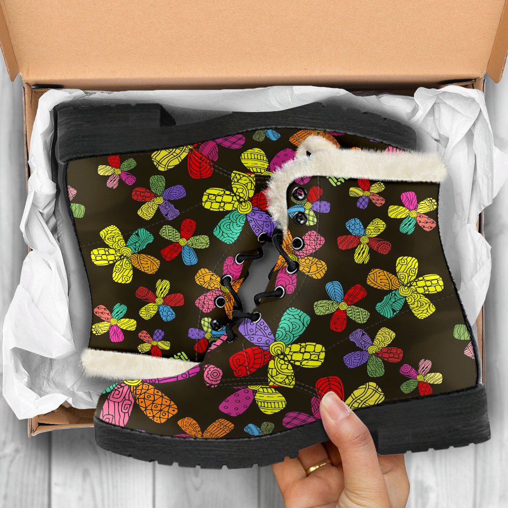 Flower Power Colorful Print Pattern Faux Fur Leather Boots-JTAMIGO.COM