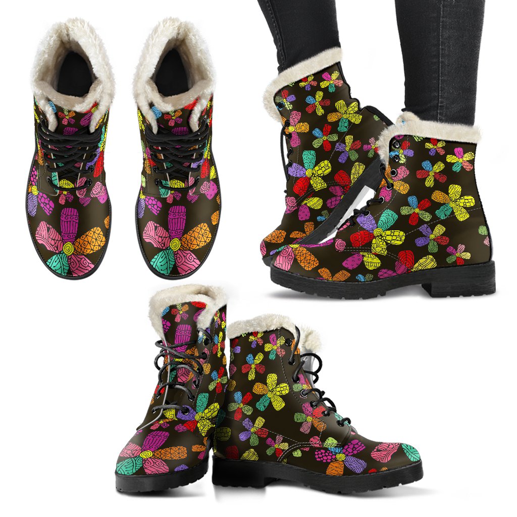 Flower Power Colorful Print Pattern Faux Fur Leather Boots-JTAMIGO.COM