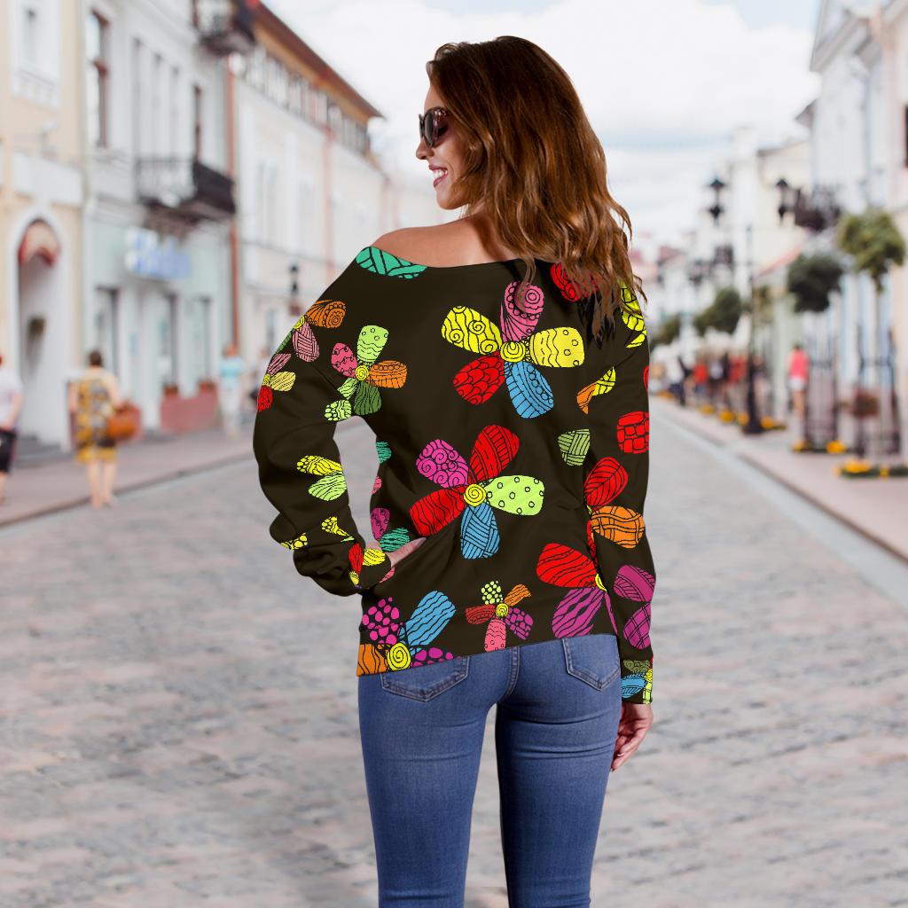 Flower Power Colorful Print Pattern Off Shoulder Sweatshirt