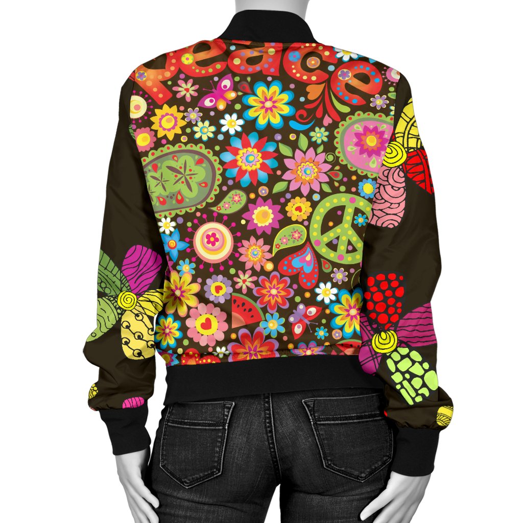 Flower Power Colorful Print Pattern Women Casual Bomber Jacket