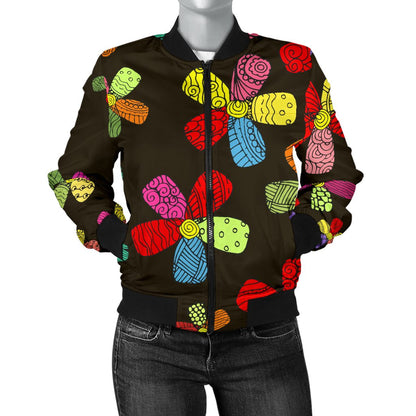 Flower Power Colorful Print Pattern Women Casual Bomber Jacket