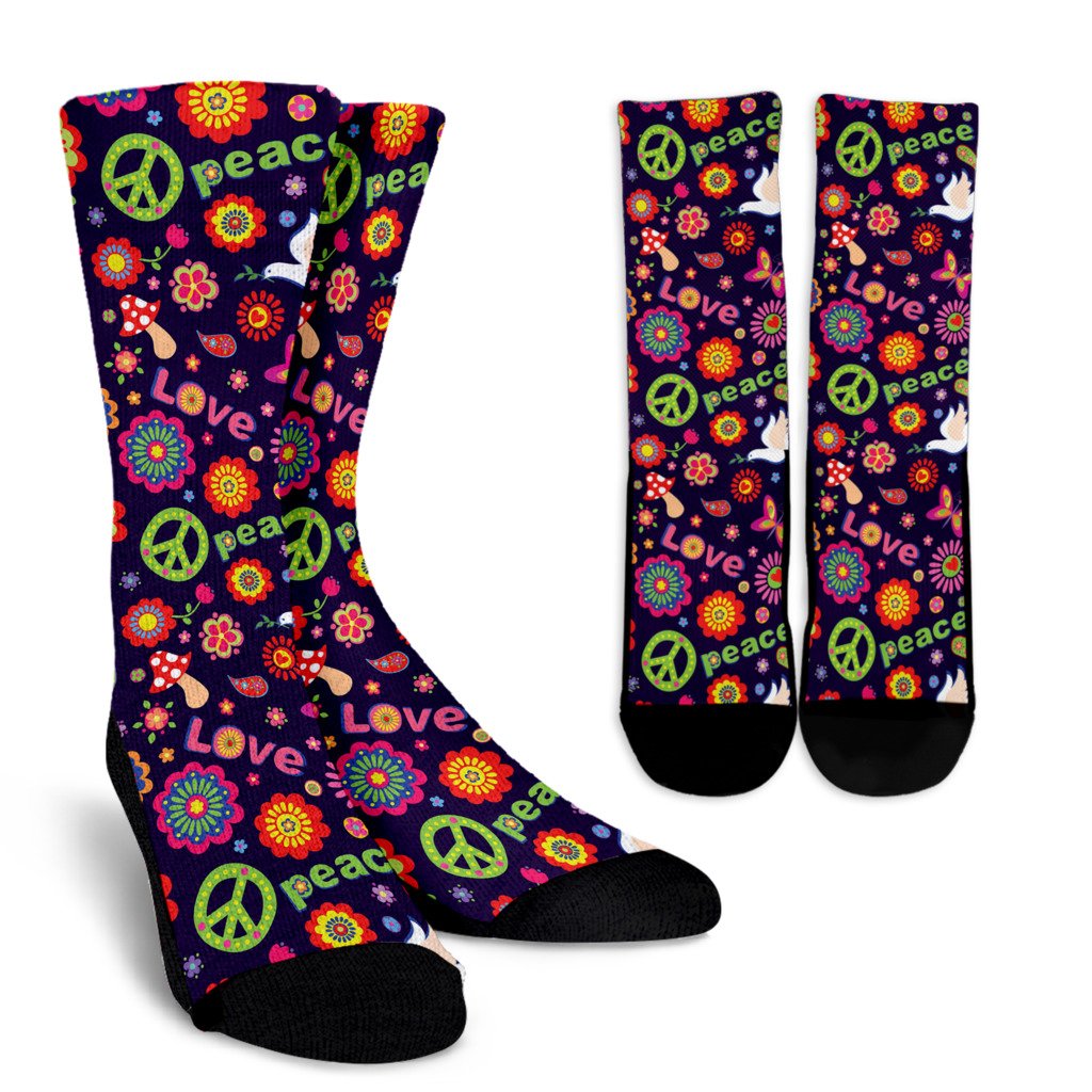 Flower Power Peace Design Print Crew Socks
