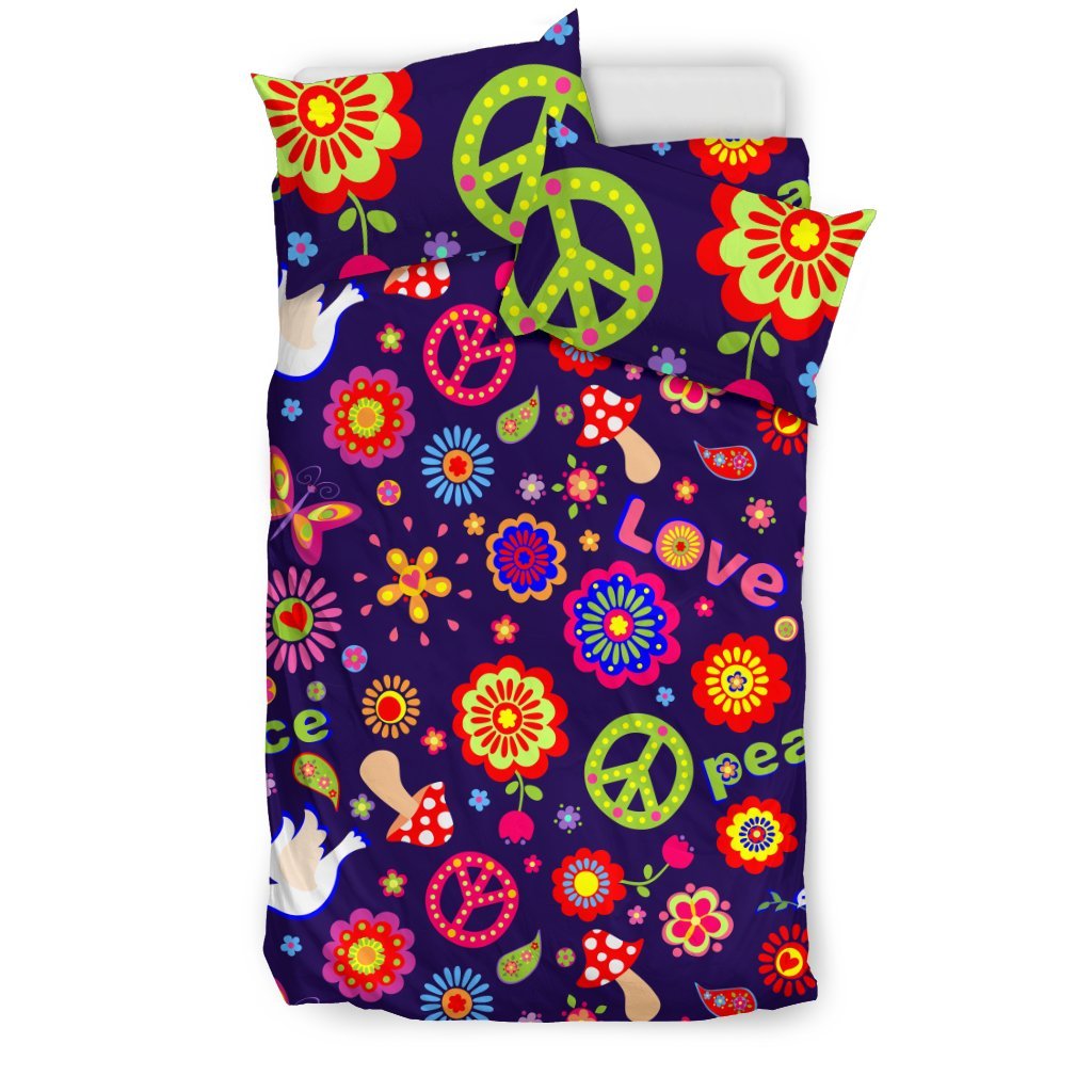Flower Power Peace Design Print Duvet Cover Bedding Set