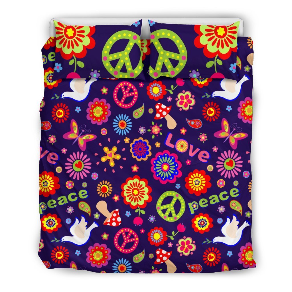 Flower Power Peace Design Print Duvet Cover Bedding Set