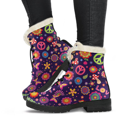 Flower Power Peace Design Print Faux Fur Leather Boots-JTAMIGO.COM