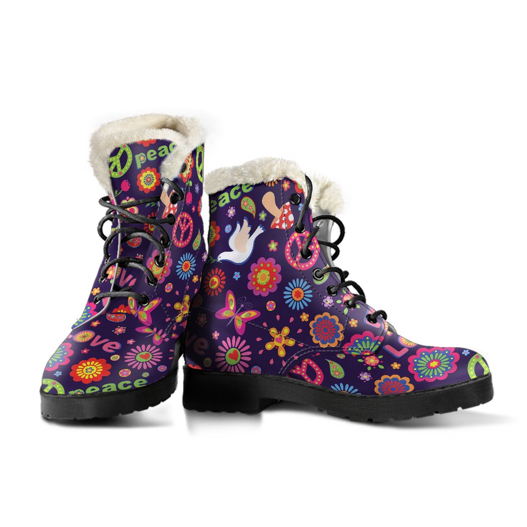 Flower Power Peace Design Print Faux Fur Leather Boots-JTAMIGO.COM