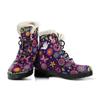 Flower Power Peace Design Print Faux Fur Leather Boots-JTAMIGO.COM