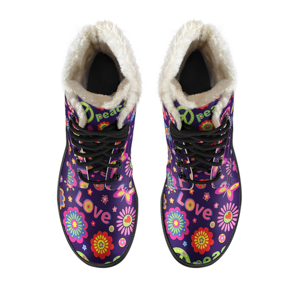 Flower Power Peace Design Print Faux Fur Leather Boots-JTAMIGO.COM