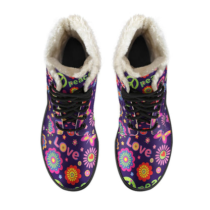 Flower Power Peace Design Print Faux Fur Leather Boots-JTAMIGO.COM