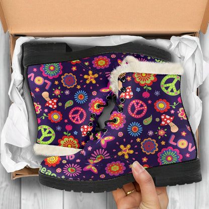 Flower Power Peace Design Print Faux Fur Leather Boots-JTAMIGO.COM