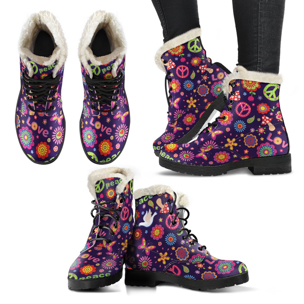 Flower Power Peace Design Print Faux Fur Leather Boots-JTAMIGO.COM