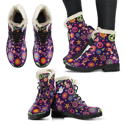 Flower Power Peace Design Print Faux Fur Leather Boots-JTAMIGO.COM