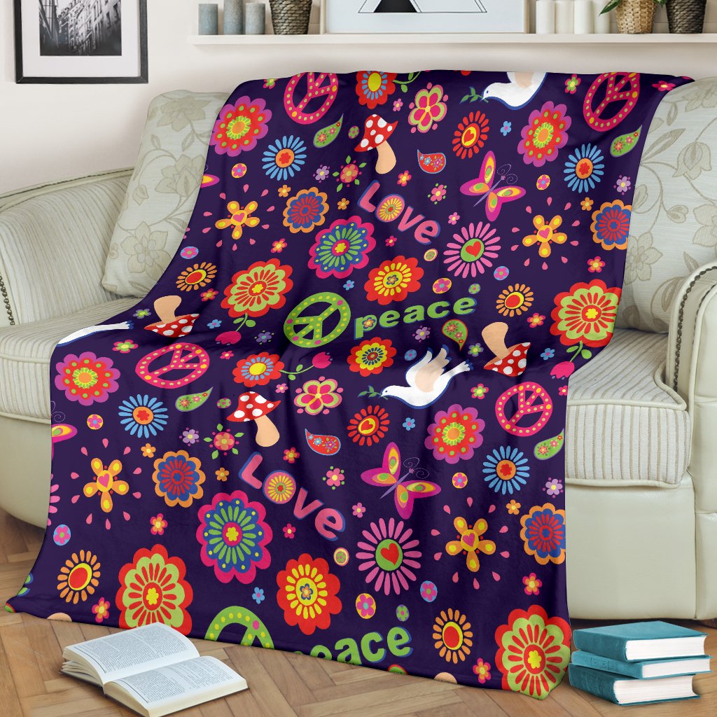Flower Power Peace Design Print Fleece Blanket