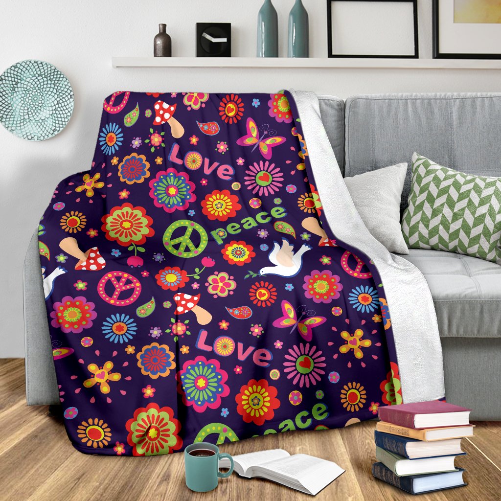 Flower Power Peace Design Print Fleece Blanket