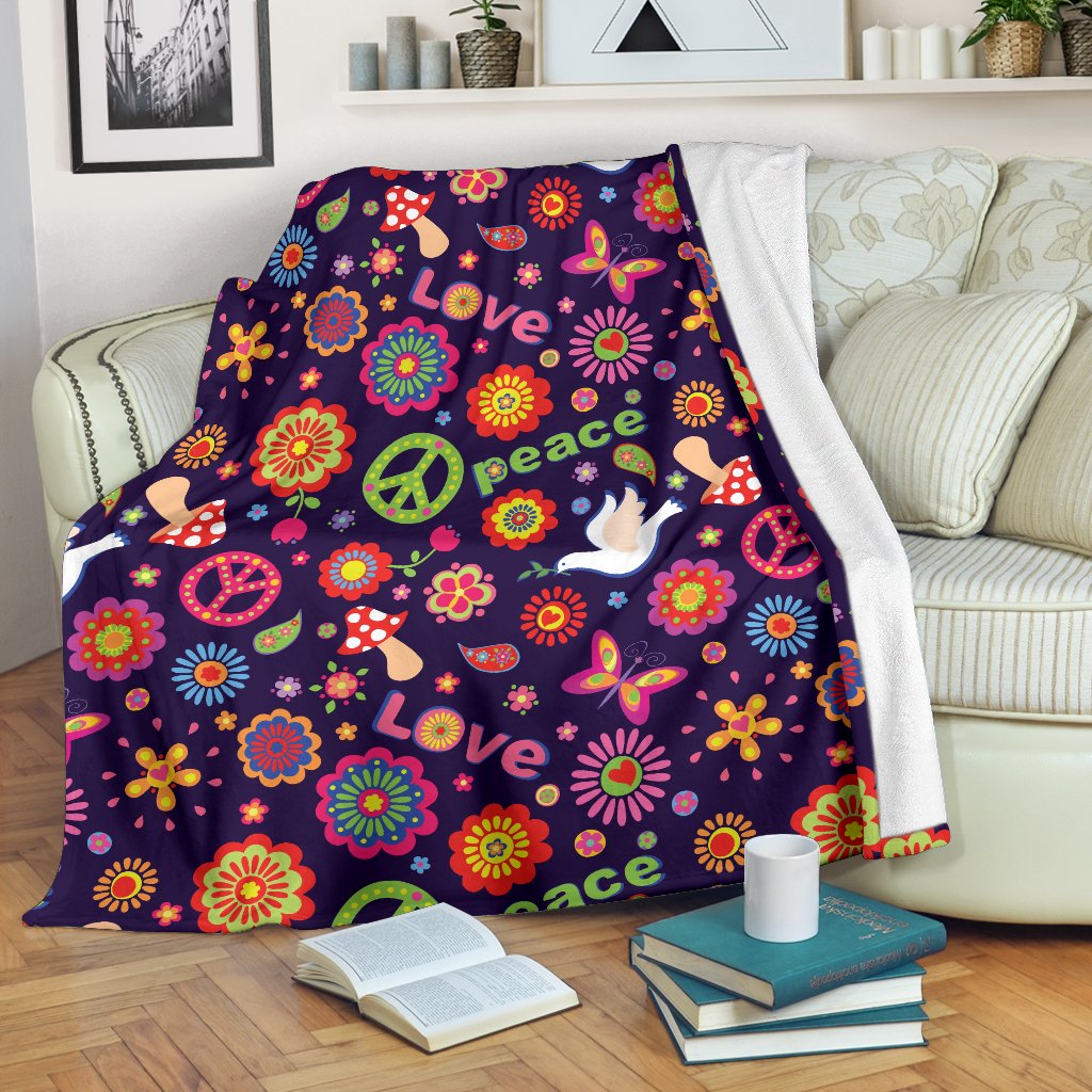 Flower Power Peace Design Print Fleece Blanket