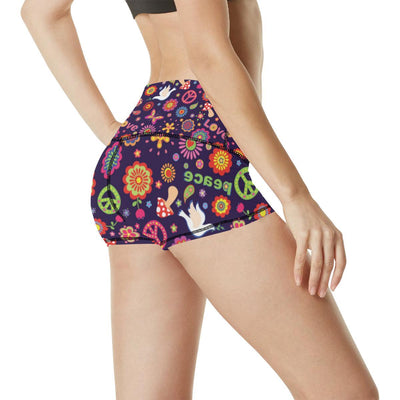 Flower Power Peace Design Print High Waisted Spandex Shorts-JTAMIGO.COM