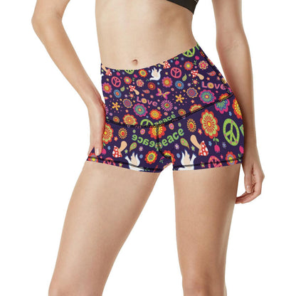 Flower Power Peace Design Print High Waisted Spandex Shorts-JTAMIGO.COM