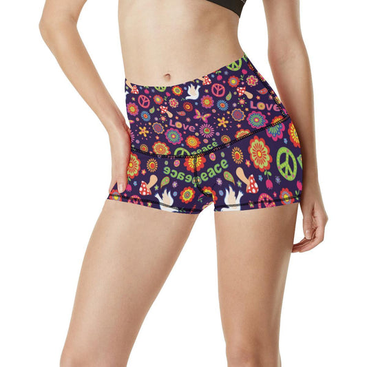 Flower Power Peace Design Print High Waisted Spandex Shorts-JTAMIGO.COM