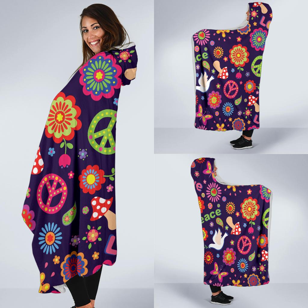 Flower Power Peace Design Print Hooded Blanket-JTAMIGO.COM