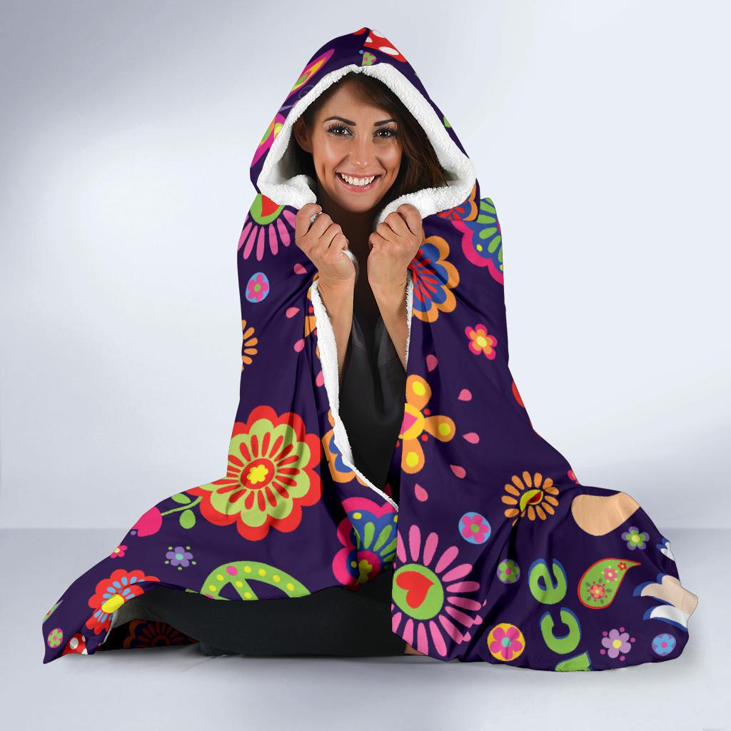 Flower Power Peace Design Print Hooded Blanket-JTAMIGO.COM