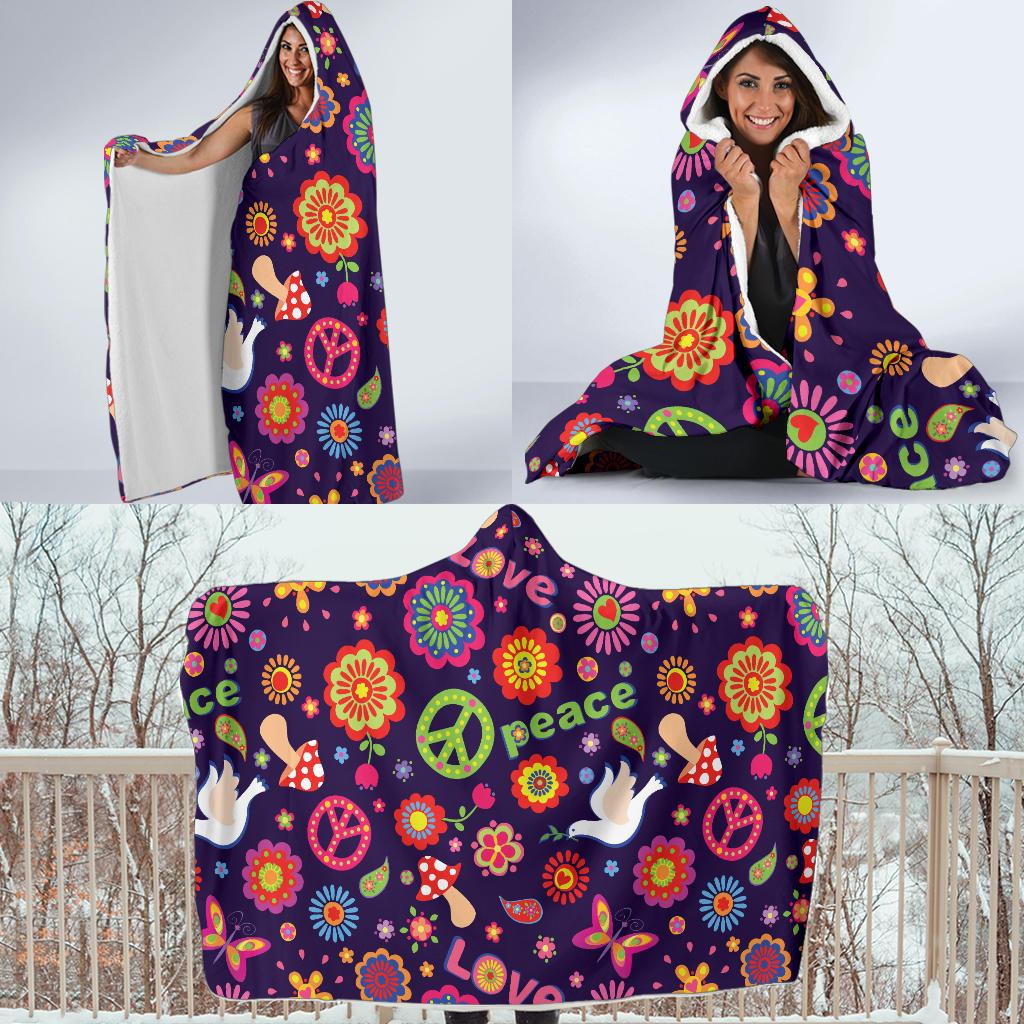 Flower Power Peace Design Print Hooded Blanket-JTAMIGO.COM