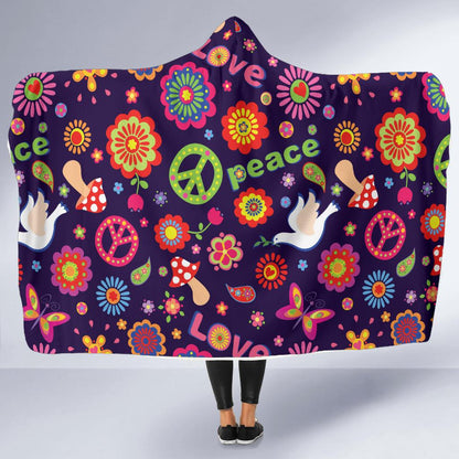Flower Power Peace Design Print Hooded Blanket-JTAMIGO.COM