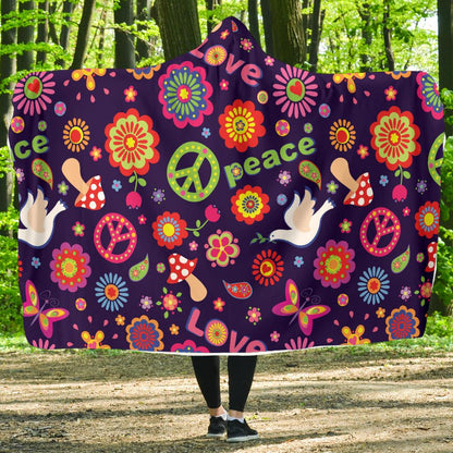 Flower Power Peace Design Print Hooded Blanket-JTAMIGO.COM