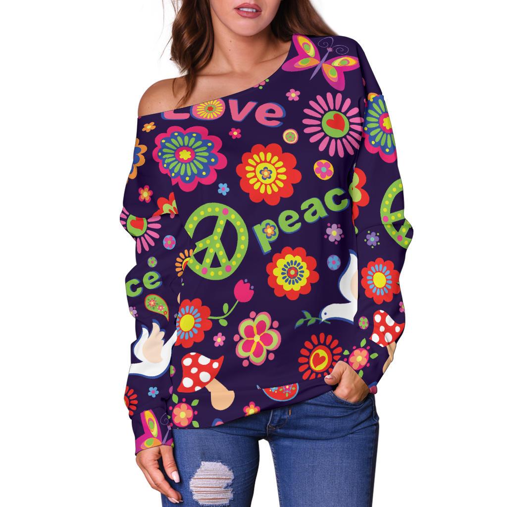 Flower Power Peace Design Print Off Shoulder Sweatshirt