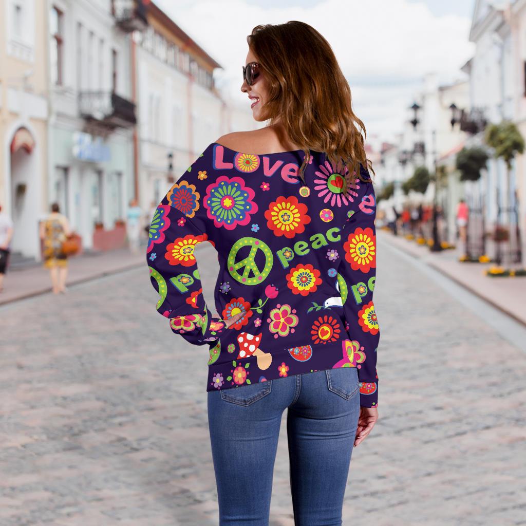 Flower Power Peace Design Print Off Shoulder Sweatshirt