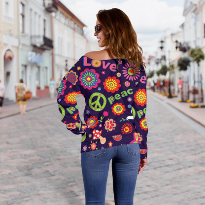 Flower Power Peace Design Print Off Shoulder Sweatshirt