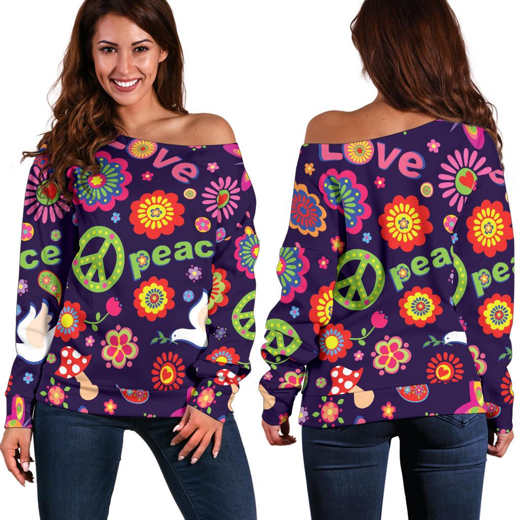 Flower Power Peace Design Print Off Shoulder Sweatshirt