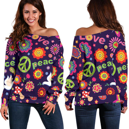 Flower Power Peace Design Print Off Shoulder Sweatshirt