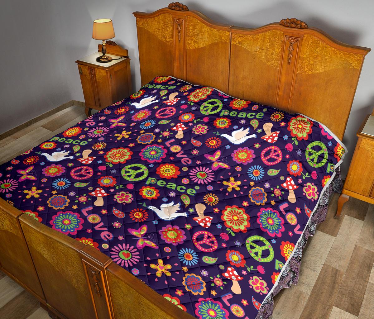 Flower Power Peace Design Print Premium Quilt-JTAMIGO.COM