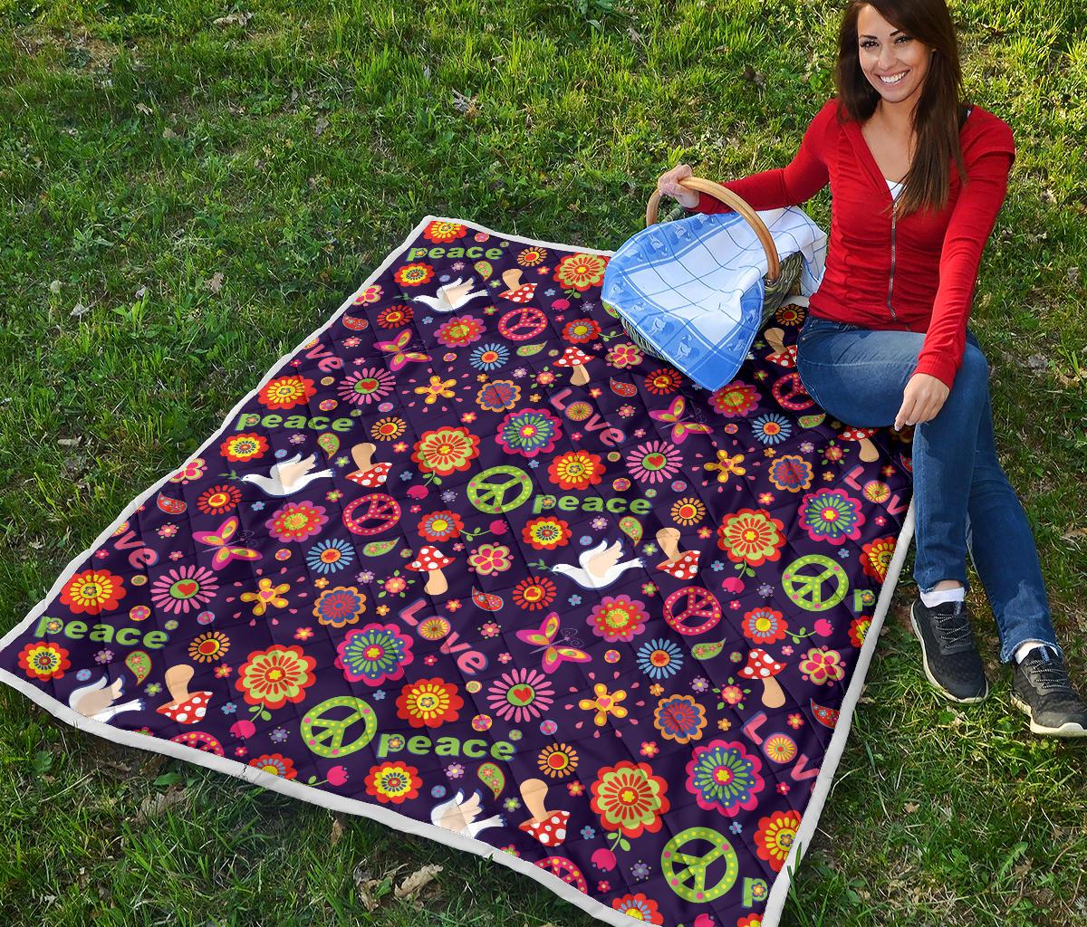 Flower Power Peace Design Print Premium Quilt-JTAMIGO.COM