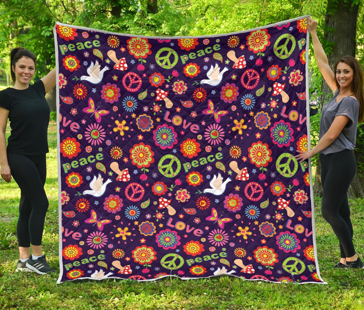 Flower Power Peace Design Print Premium Quilt-JTAMIGO.COM