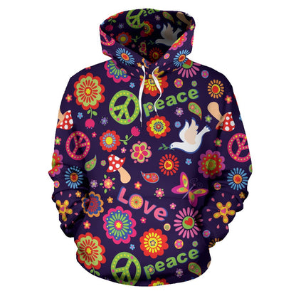 Flower Power Peace Design Print Pullover Hoodie