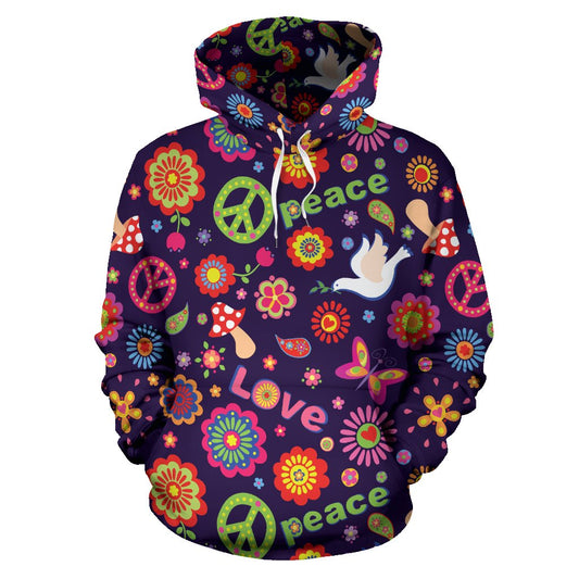 Flower Power Peace Design Print Pullover Hoodie