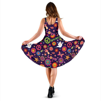 Flower Power Peace Design Print Sleeveless Dress