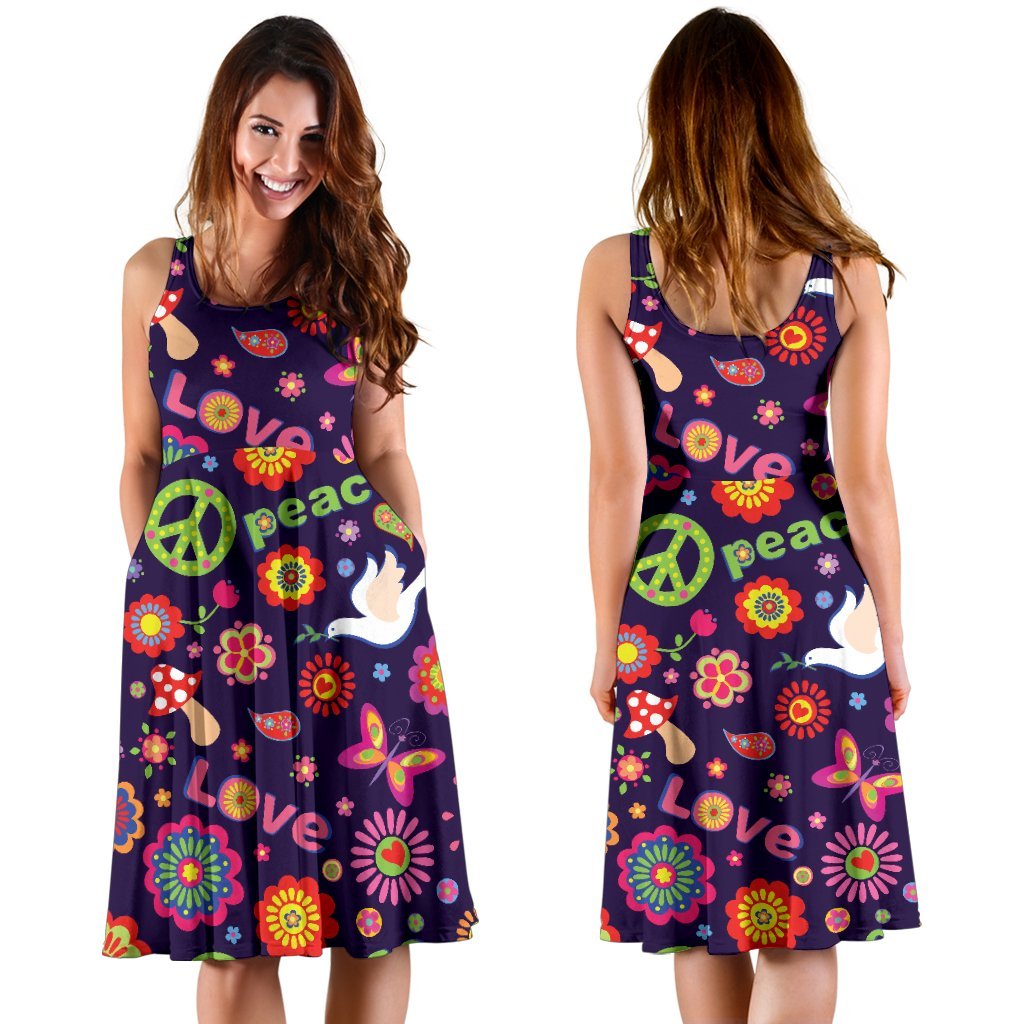 Flower Power Peace Design Print Sleeveless Dress