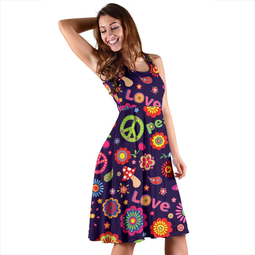 Flower Power Peace Design Print Sleeveless Dress