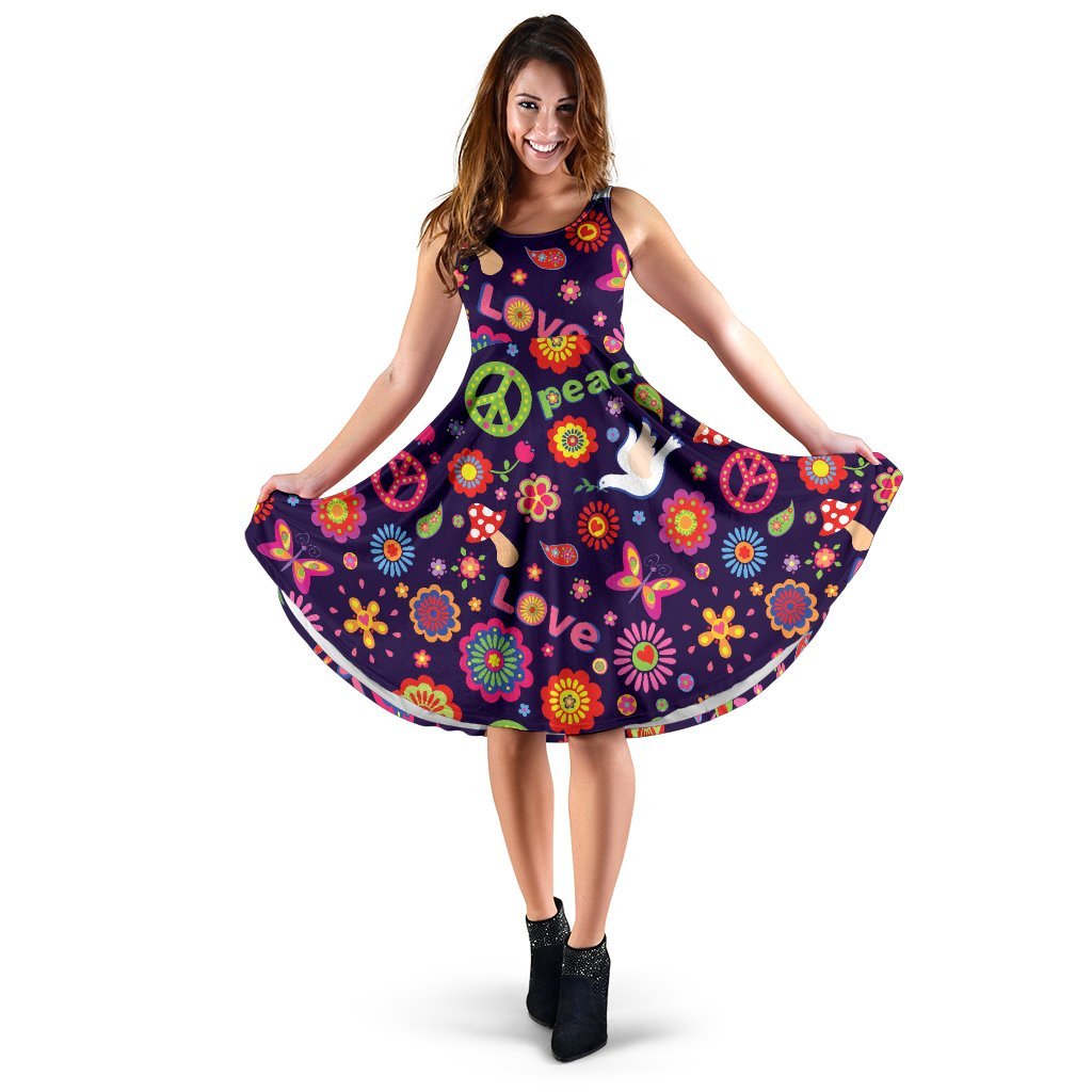 Flower Power Peace Design Print Sleeveless Dress