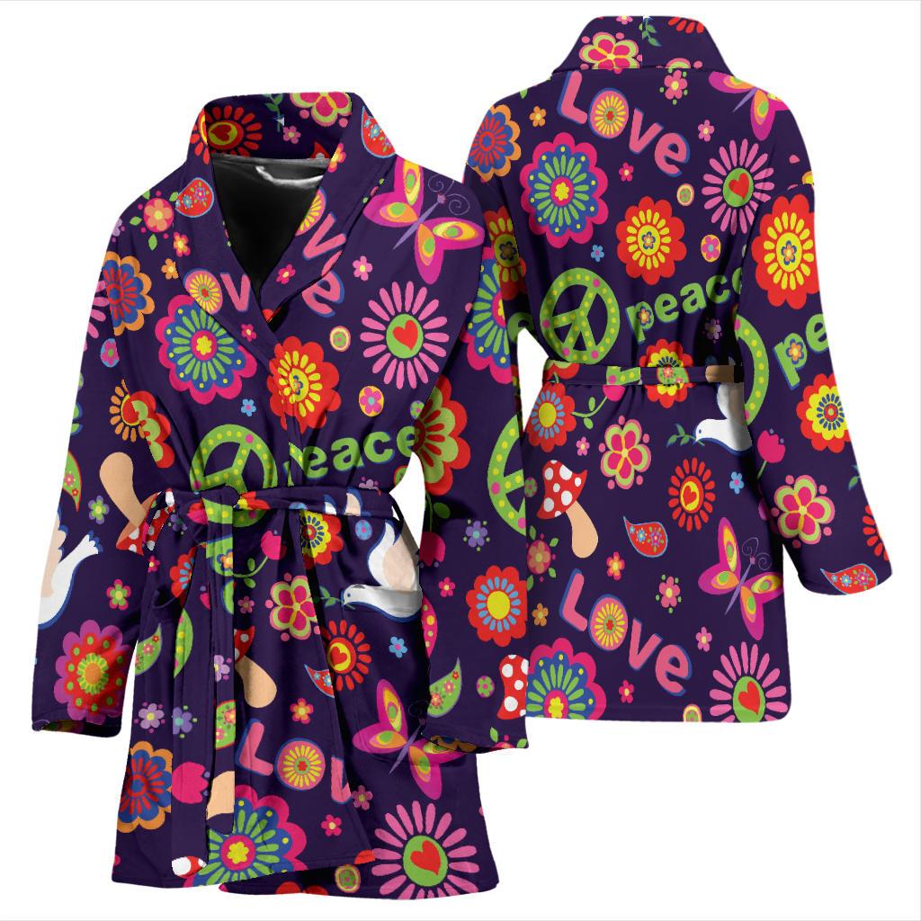 Flower Power Peace Design Print Women Bath Robe-JTAMIGO.COM